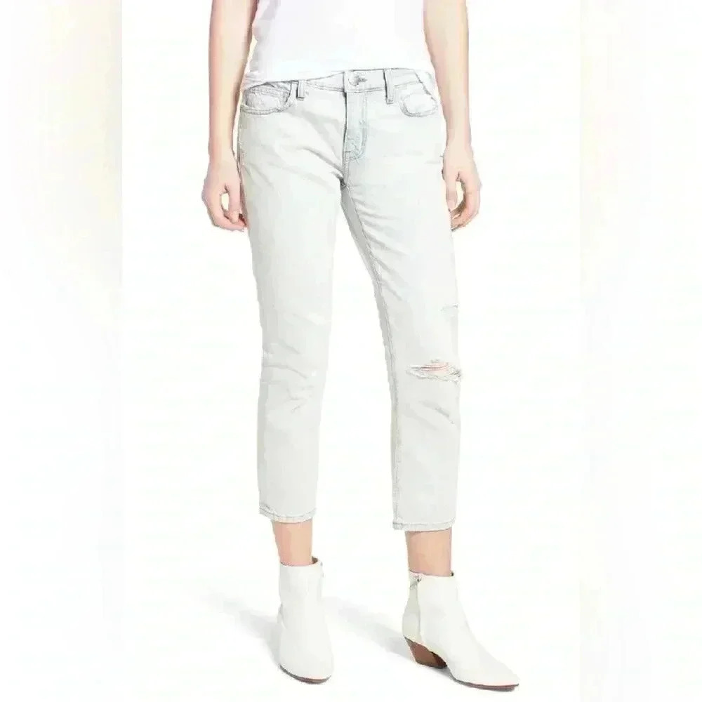 Current/Elliott The Cropped Straight Channing Destroyed Jeans Light Wash Sz 28
